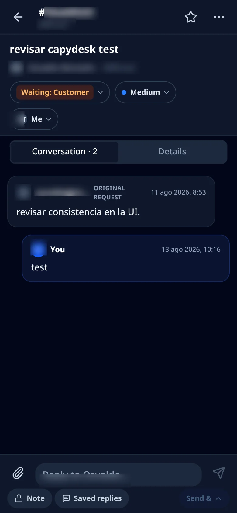CapyDesk phone client showing a ticket conversation
